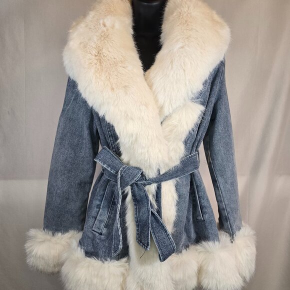 Coalition Jackets & Blazers - Denim Faux Fur Coat with Belt (Vegan Materials)